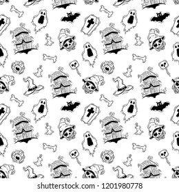 black and white halloween icons in seamless pattern with hand drawn style on white background