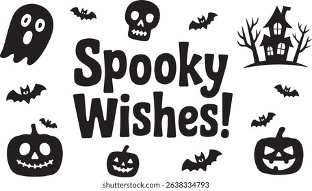 Black and White Halloween Icons with Spooky Wishes Text Design