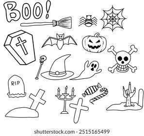 Ilustración de Halloween en blanco y negro con varios Elementos espeluznantes como una calabaza, fantasma, sombrero de bruja y más. Perfecto para libros para colorear, decoraciones de bricolaje y actividades de Halloween para niños.