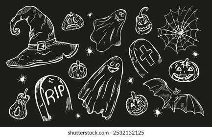 Ilustración de Halloween en blanco y negro con varios Elementos espeluznantes como una calabaza, fantasma, sombrero de bruja y más. Perfecto para libros para colorear, decoraciones de bricolaje y actividades de Halloween para niños.