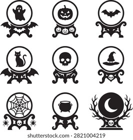 Black and white Halloween magic orb icons.