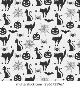 Black and white halloween pattern background with halloween cats and halloween elements