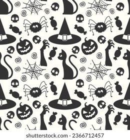 Black and white halloween pattern background with witch hat spider and halloween elements