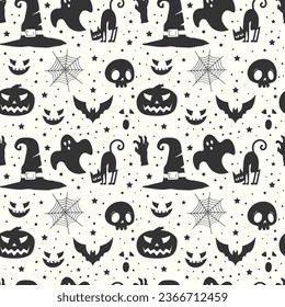 Fondo del patrón de halloween blanco y negro con elementos de sombrero de bruja y halloween