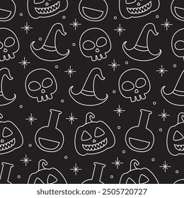 Black and white Halloween pattern with skulls, pumpkins, and a witch's hat. Halloween outline seamless pattern on black background