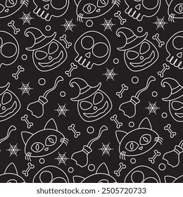 Black and white Halloween pattern with skulls, pumpkins, and a witch's hat. Halloween outline seamless pattern on black background