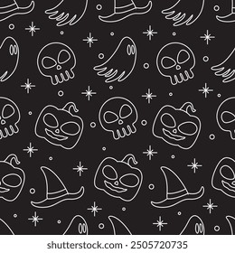 Black and white Halloween pattern with skulls, pumpkins, and a witch's hat. Halloween outline seamless pattern on black background