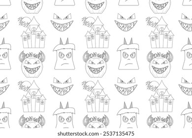 Black and white Halloween pattern with spooky monsters, haunted houses, and bats. Ideal for kids coloring books and Halloween activities.