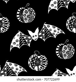 Black and White Halloween Pattern with Zentangle Bats and Pumpkins. Halloween Background for Party Decoration. Hand Drawn Zentangles Scanned and Traced to Vector. Freehand Bats and Pumpkins 