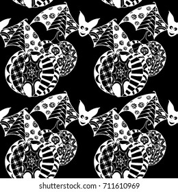 Black and White Halloween Pattern with Zentangle Bats and Pumpkins. Halloween Background for Party Decoration. Hand Drawn Zentangles Scanned and Traced to Vector. Freehand Bats and Pumpkins 