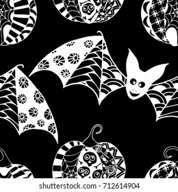 Black and White Halloween Pattern with Zentangle Bats and Pumpkins. Halloween Background for Party Decoration. Hand Drawn Zentangles Scanned and Traced to Vector. Freehand Bats and Pumpkins 