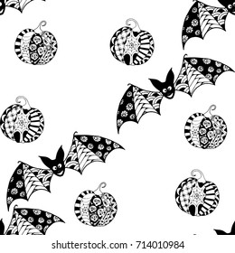 Black and White Halloween Pattern with Zentangle Bats and Pumpkins. Halloween Background for Party Decoration. 