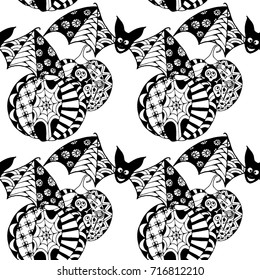 Black and White Halloween Pattern with Zentangle Bats and Pumpkins. Halloween Background for Party Decoration. Hand Drawn Zentangles Scanned and Traced to Vector. Freehand Bats and Pumpkins 