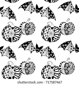 Black and White Halloween Pattern with Zentangle Bats and Pumpkins. Halloween Background for Party Decoration. Hand Drawn Zentangles Scanned and Traced to Vector. Freehand Bats and Pumpkins 