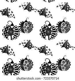 Black and White Halloween Pattern with Zentangle Bats and Pumpkins. Halloween Background for Party Decoration. Hand Drawn Zentangles Scanned and Traced to Vector. Freehand Bats and Pumpkins 