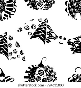 Black and White Halloween Pattern with Zentangle Bats and Pumpkins. Halloween Background for Party Decoration. Hand Drawn Zentangles Scanned and Traced to Vector. Freehand Bats and Pumpkins 