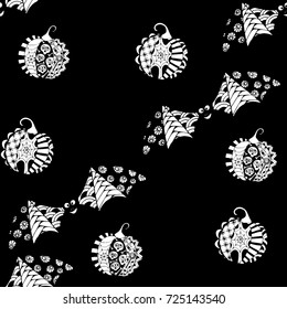 Black and White Halloween Pattern with Zentangle Bats and Pumpkins. Halloween Background for Party Decoration. Hand Drawn Zentangles Scanned and Traced to Vector. Freehand Bats and Pumpkins 