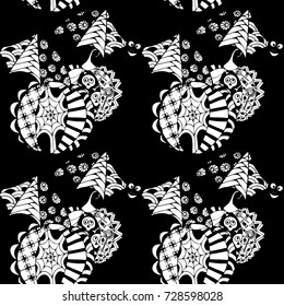 Black and White Halloween Pattern with Zentangle Bats and Pumpkins. Halloween Background for Party Decoration. Hand Drawn Zentangles Scanned and Traced to Vector. Freehand Bats and Pumpkins 