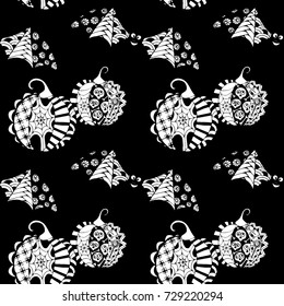 Black and White Halloween Pattern with Zentangle Bats and Pumpkins. Halloween Background for Party Decoration. Hand Drawn Zentangles Scanned and Traced to Vector. Freehand Bats and Pumpkins 