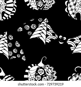 Black and White Halloween Pattern with Zentangle Bats and Pumpkins. Halloween Background for Party Decoration. Hand Drawn Zentangles Scanned and Traced to Vector. Freehand Bats and Pumpkins 