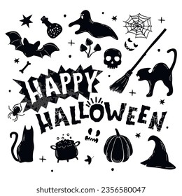 Black  white Halloween poster with silhouettes.Hand written text,pumpkin, broom, hat, spider, web, ghost, bat, potion, cats, skull.Set of isolated objects.Vector hand drawn print on fabric and paper.