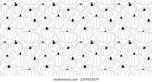 Black and white halloween pumpkin seamless pattern illustration. Fall season harvest vegetable background print for october holiday celebration or thanksgiving event. Decorative hand drawn texture.