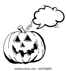 black and white halloween pumpkin with speech bubble cartoon