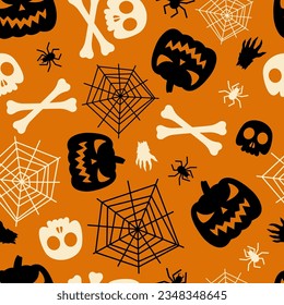 Black and white halloween pumpkins, skulls, cobwebs and spider isolated on orange background. Cute seamless pattern. Vector simple flat graphic illustration. Texture.