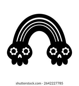 Black and white Halloween rainbow with skulls doodle. Spooky seasonal object, hand drawn vector illustration