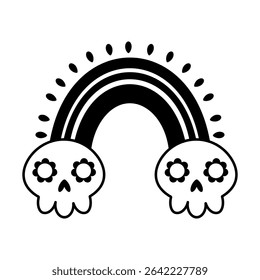 Black and white Halloween rainbow with skulls doodle. Spooky seasonal object, hand drawn vector illustration