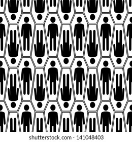 Black and white Halloween seamless pattern with coffins. Vector background
