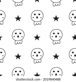 Black and white Halloween seamless pattern with doodle outline skulls and stars.