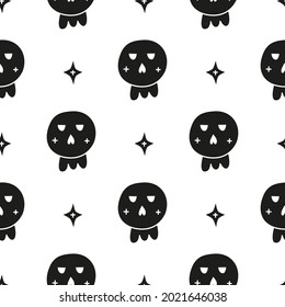 Black and white Halloween seamless pattern with doodle skulls and stars.