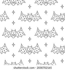 Black and white Halloween seamless pattern with doodle outline bats and stars.