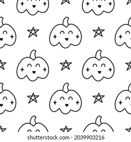 Black and white Halloween seamless pattern with doodle outline spooky pumpkins. Background with Jack-o-lanterns.