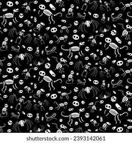 Black white Halloween seamless pattern with Animals Monster Skeletons. Roentgen skeleton bones, fairy tale characters. Ornament for printing on fabric, cover and packaging. Simple vector ornament