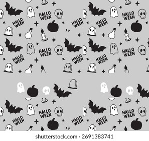 Black and white Halloween seamless pattern with ghosts, bats, pumpkins, skulls, and spooky elements on a gray background. Perfect for holiday designs, wrapping paper, fabric, and party decorations.