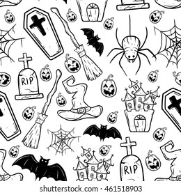 Black and white halloween seamless pattern with bat, pumpkin, tombstone, witch hat and castle