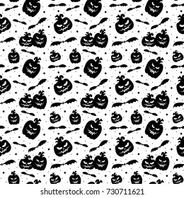 Black and white halloween seamless pattern with pumpkins and bats. Vector illustration