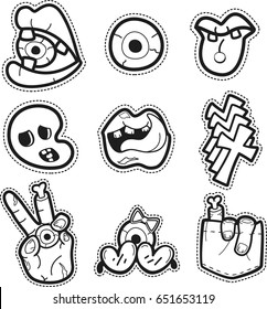 Black and white halloween set of comics patch badge elements isolated background illustration vector.