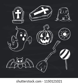 black and white halloween set icons with hand drawn style on blackboard background