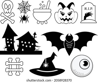 Black and white Halloween set of icons