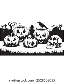 a black and white Halloween vector art illustration with white background.
