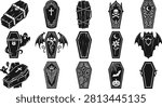 Black and white Halloween vector bundle featuring coffins, skulls, ghosts, tombstones, and spooky elements perfect for creating eerie Halloween graphics.