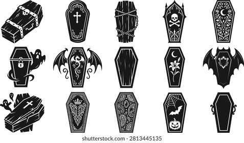 Black and white Halloween vector bundle featuring coffins, skulls, ghosts, tombstones, and spooky elements perfect for creating eerie Halloween graphics.