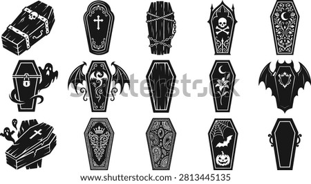 Black and white Halloween vector bundle featuring coffins, skulls, ghosts, tombstones, and spooky elements perfect for creating eerie Halloween graphics.