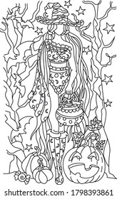 Black and white Halloween vector illustration with a witch in a hat, pumpkin, candy, bats, star. Illustration for art therapy, coloring, for greeting cards, posters, stickers, design.