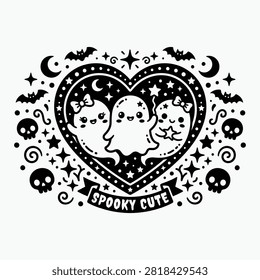 Black and white halloween vector illustration featuring cute ghosts inside a heart shape with skulls bats and stars for festive decor