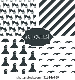 Black and white Halloween vector seamless patterns set