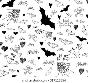 Black and white Halloween vector seamless pattern with stylized silhouettes of bats, skulls, hearts, spiders and web, freehand drawing, sketch